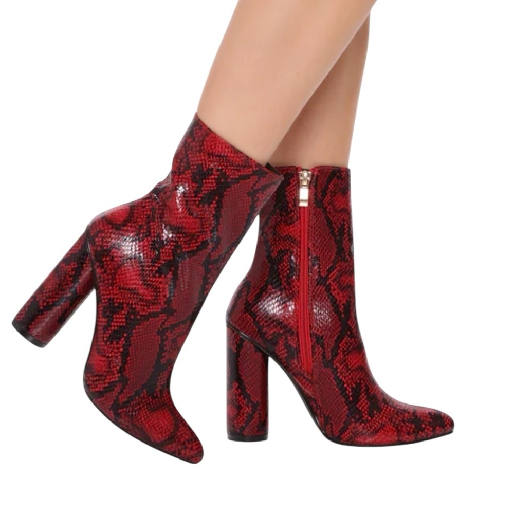 Fashion Nova•Midnight Lover Boot Red Snake Print Heeled Boots